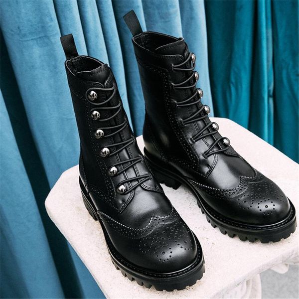

shoes woman design genuine leather boots women shoes brogue women chunky heels street cool western boots woman new, Black