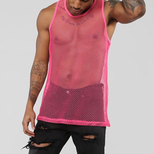 

men sleeveless mesh sheer tank vest outwear gym training tank vest fish net hollow out see through sporting clothing, White;black