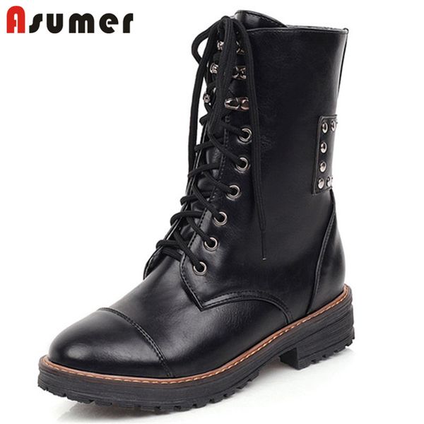 

asumer 2020 new arrival ankle boots women rivet round toe lace up zip fashion motorcycle boots comfortable low heel shoes woman, Black
