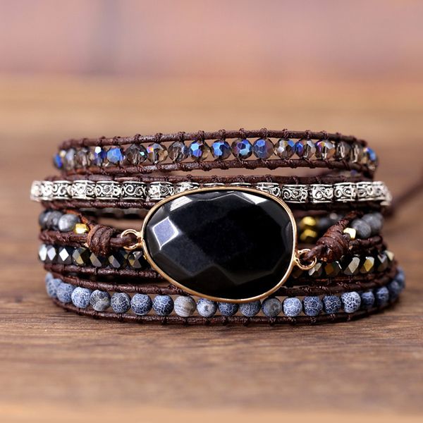 

2019 exclusive leather bracelet black onyx mix 5 strands women and men wrap bracelets bohemian bracelet gift jewelry dropship, Golden;silver