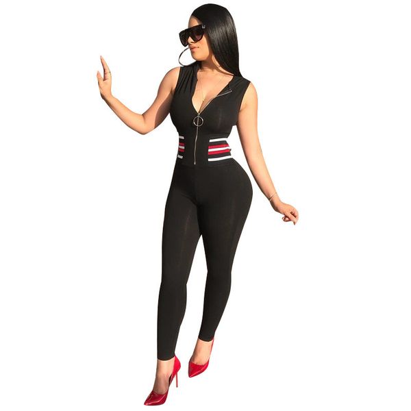 

чистый цвет без рукавов случайные длинные брюки комбинезон лето передняя молния подходит тонкий комбинезон женщин уличной одежды комбинезон, Black;white