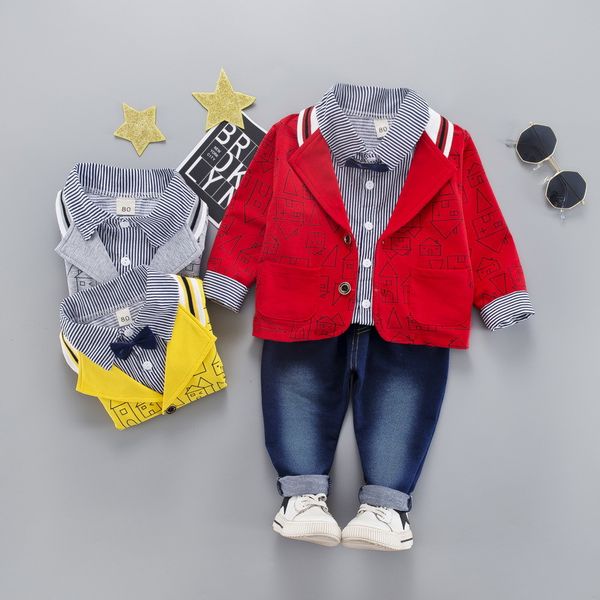 

boys clothes autumn winter girls cotton clothing sets baby cartoon jacket striped shirt pants 3pcs/sets kids conjunto infantil, White