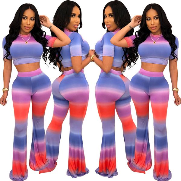 

new arrival casual colorful gradient print o neck short sleeve crop with loose pants women two piece suits, White