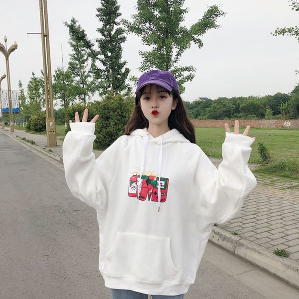 

women spring autumn warm long sleeve hoodies cute cartoon print thickening plus velvet loose hooded, Black