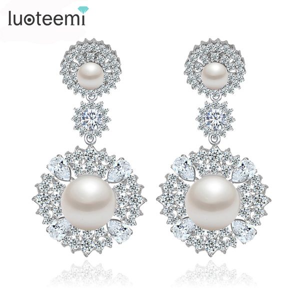 

luoteemi luxury unique chic round imitation pearl drop earrings white champagne gold-color cz wedding brincos women jewelry, Silver