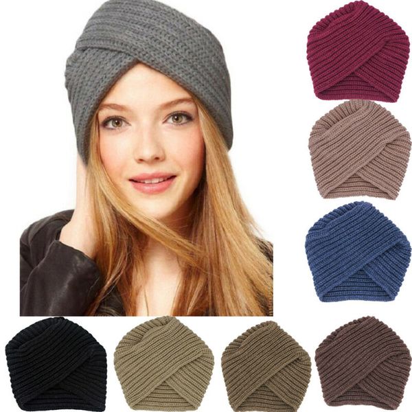 

women fashion stylish beanies hat solid thicken winter warm knitted hat muslim crossed turban, Black