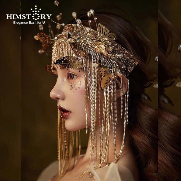 

himstory retro baroque golden butterfly tiara handmade bride headdress hairband party prom pageant gold tassel hair accessorie, Golden;white