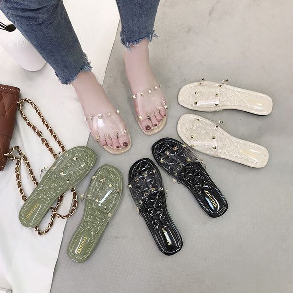 

summer transparent beach slippers slides women shoes flip flops solid crystal rivet sandals female holiday sliders shoes woman, Black