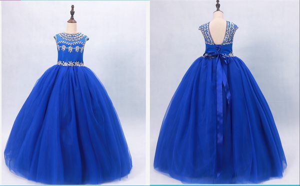 

real p royal blue pageant dresses sparkly rhinestones ball gown tulle backless long first communion prom formal dress for kids, White;red