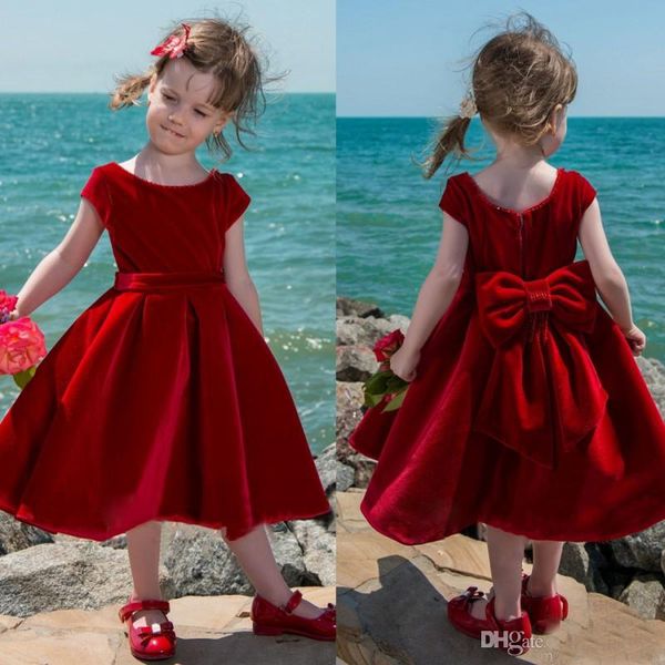 

cute wine red velvet flower girls dresses tea length jewel neck cap sleeve bow kids pageant gowns christmas party dresses, White;blue