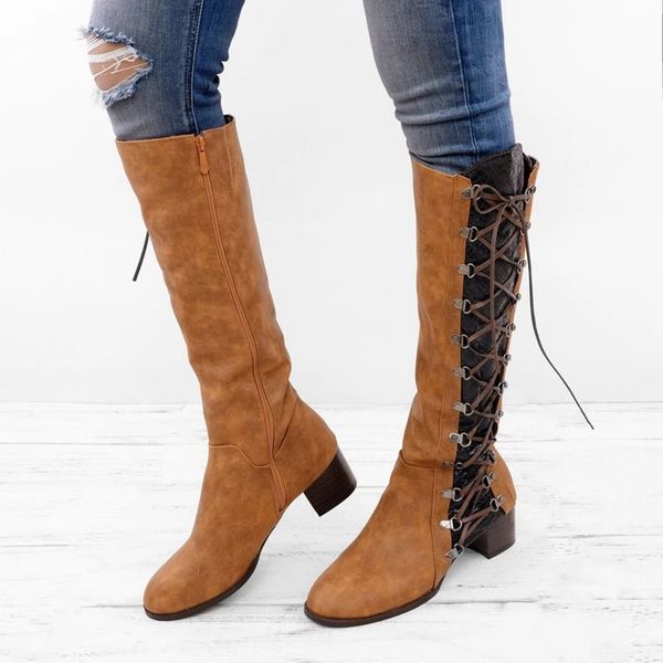 

puimentiua 2019 fashionwomen knee-high boots retro boots girl round head fastened female frenulum square heels botas mujer, Black