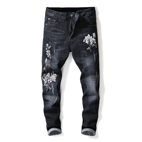 

fashion men's flower embroidered jeans pants black scratched denim trousers with floral embroidery jean joggers, Blue