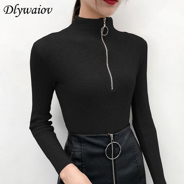 

zipper half turtleneck pullovers women sweater long sleeve skinny elastic knitted femme solid spring jumper, White;black