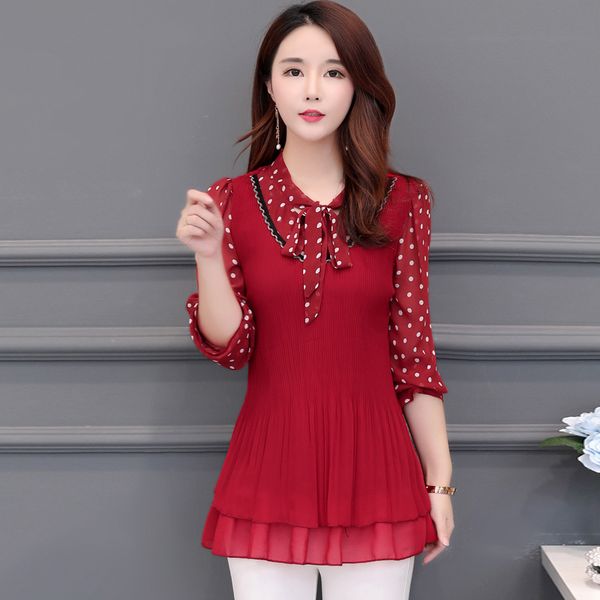 

plus size 2019 new autumn women shirts loose chiffon fat in evening blouse shirt wine red black 8510, White