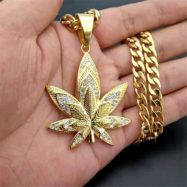 

european hemp leaf pendant necklaces for men gold color stainless steel rhinestones necklaces hippie jewelry dropshipping, Silver