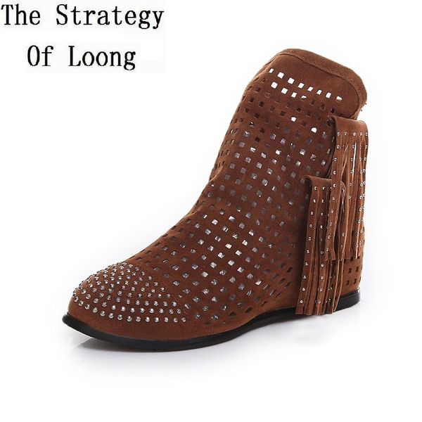 

fringe rivets wedge cut out women summer sandal ankle boots 2019 new casual cutout woman plus size short boots 41 42 43 xfp50416, Black