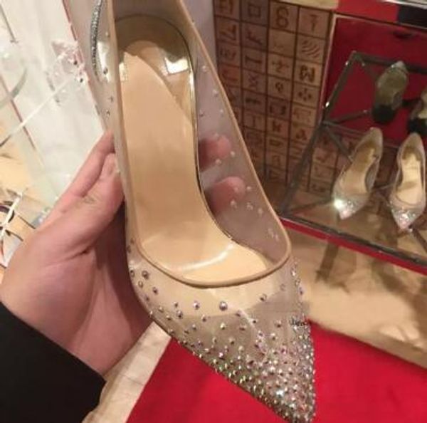 QUENTE primavera verão Estilos elegantes sapatos femininos Sapatos de salto alto com strass cristais pontiagudos malha Bombas mulher sola vermelha sapatos de casamento