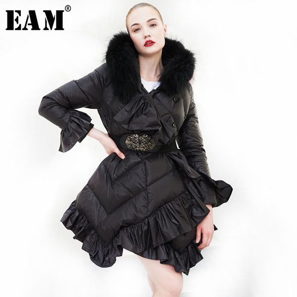 

eam] loose fit down ruffles belt fur jacket new hooded long sleeve warm women parkas fashion tide autumn winter 2019 1a378, Black
