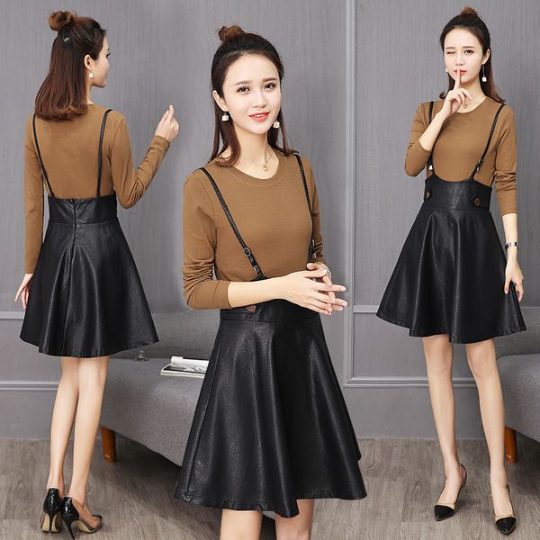 

atkullqz 2019 spring new korean version careful machine leather skirt long section two-piece suit skirt strap women's clothing, White