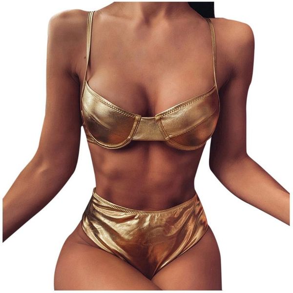 

2020 bikinis set new women solid color patent leather push-up beach bikini set swimwear high waist beach swimsuit bandeau