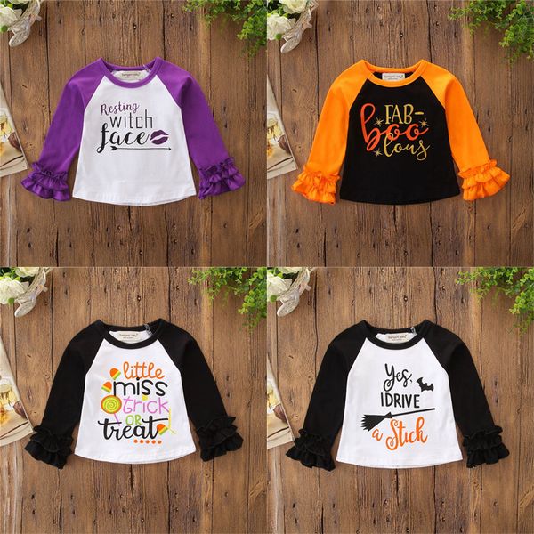 

girls halloween shirts pagoda long sleeve ruffle unicorn elephant pumpkin witch trick treat bat letter print patchwork wholesale zfj620, Blue