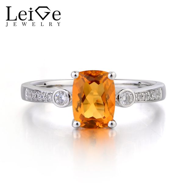 

leige jewelry natural citrine ring cushion cut yellow gemstone birthstone anniversary wedding rings 925 sterling silver ring, Golden;silver