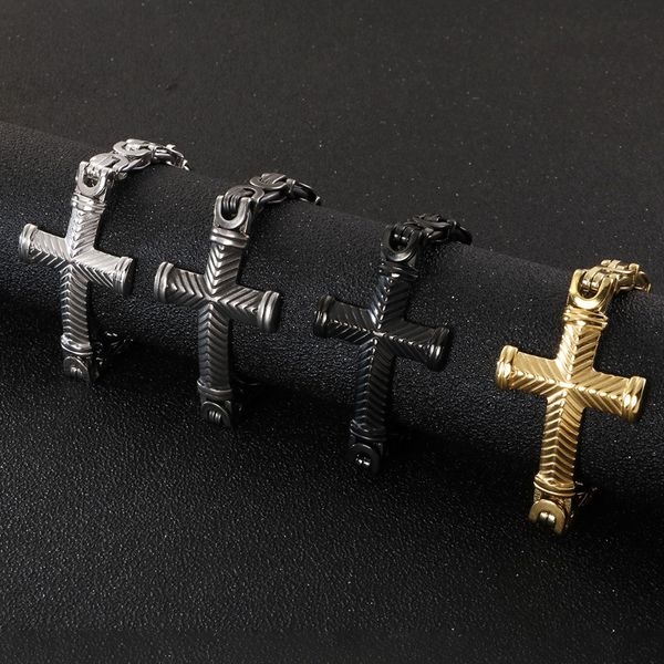 

link, chain gold silver color stainless steel cuff cross bracelets for men vintage punk rock byzantine link biker bracelet jewelry, Black