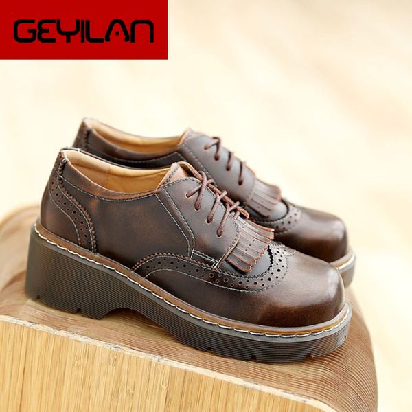 

genuine leather oxford shoes women tassel design square toe casual shoes fashion platform lace-up non-slip brock women, Black