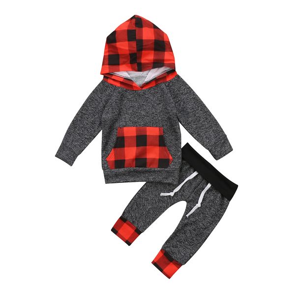 

fall autumn fashion toddler baby kids boys girls hooded pants 2pcs pockets striped plaid outfits set clothes, White
