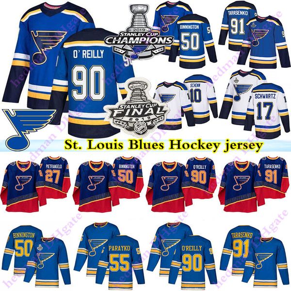 

2019 stanley cup champion st.louis blues jerseys 90 ryan o'reilly 50 binnington 91 vladimir tarasenko 17 schwartz pietrangelo hockey je, Black;red