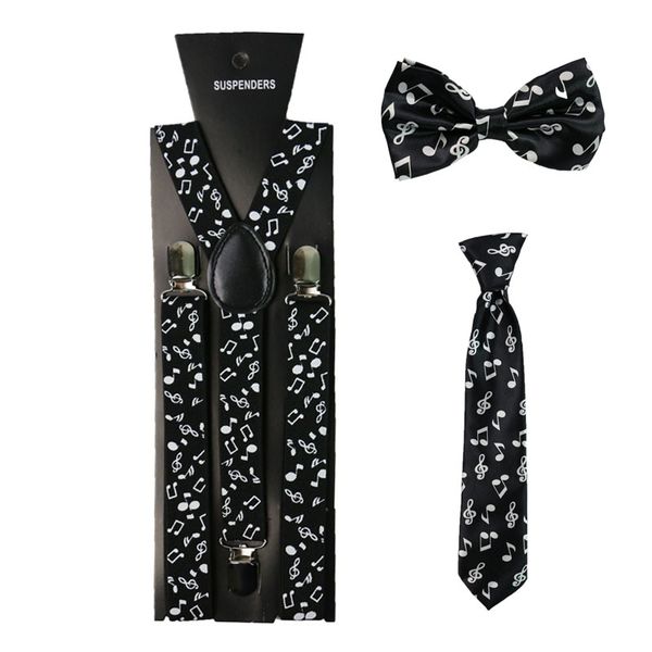 

winfox fashion black music note women men suspenders bowtie and necktie set, Black;white