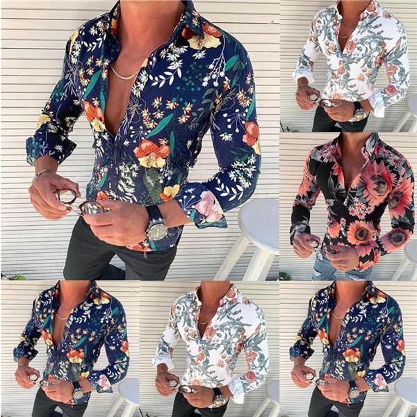 

casual tees long sleeve slim mens single breasted mens designer floral print shirts turn down collar, White;black