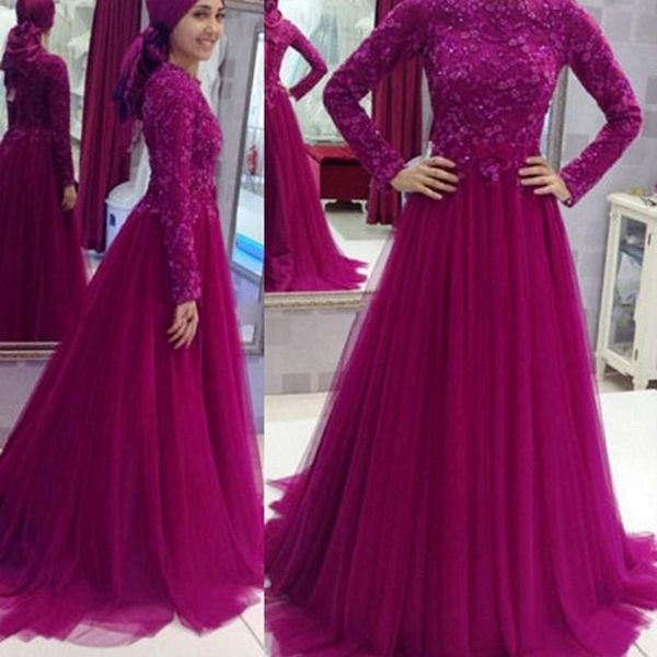 

2019 Muslim Islamic Lace Long Prom Dresses Appliques Long Sleeves Evening Dresses Beaded Custom Made Party Gowns