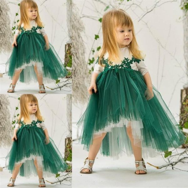 

симпатичные высокие низкие платья девушки цветка для свадьбы кружева аппликации половина длинные рукава детские платья партии дети день рожд, White;blue