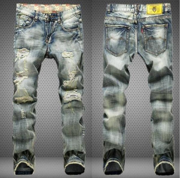 

men's jeans hole nostalgic trade more fabric frayed red flag at the end bad denim trousers mens cool jean male long pants, Blue
