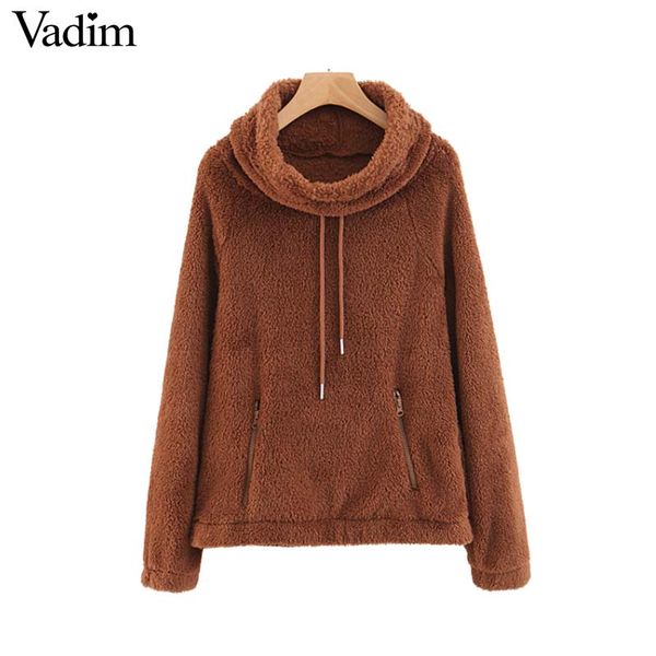 

vadim women thick warm faux fur sweatshirts turtleneck pockets long sleeve pullovers solid female casual outwear ha266, Black