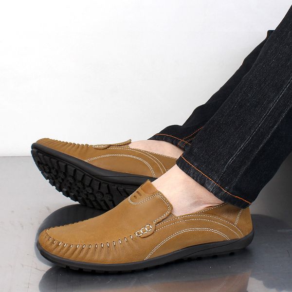 

fashion men loafers men genuine leather casual shoes slip on handmade sewing moccasins driving shoes male footwear, Black