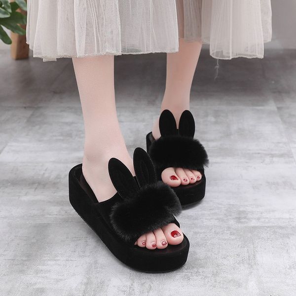 

women summer open toe slippers ladies plush ears thick bottom slip on woman shoes female casual comfort platform sandals, Black