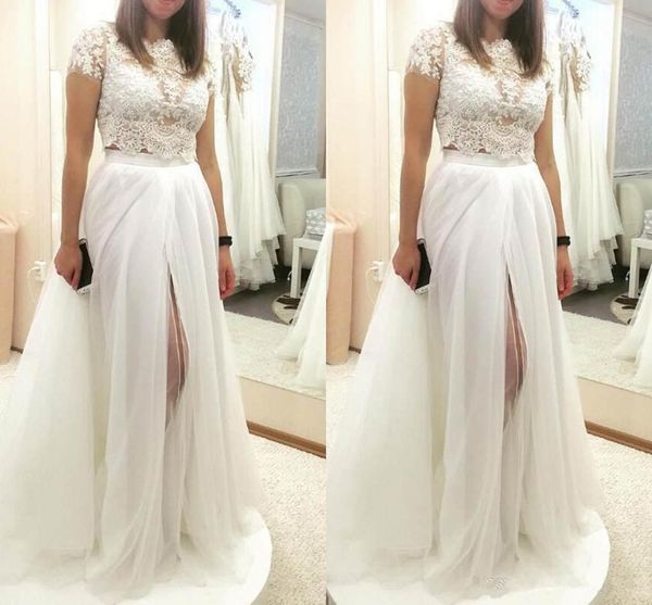 

старинные свадебные платья две части бедра высокие разрезы кружева аппликация свадебные платья съемный юбка стиль платья, White