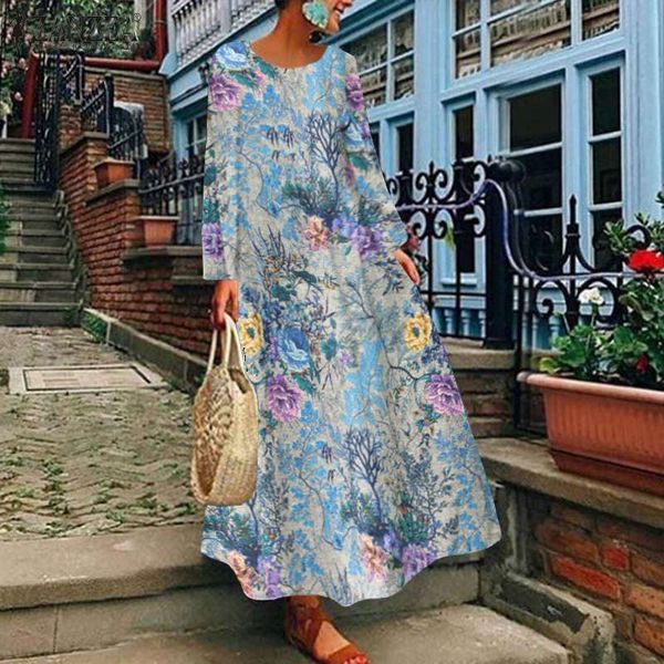 

2020 zanzea spring floral printed sundress vintage cotton bohemian dress women long sleeve long vestido female kaftan robe tunic, Black;gray