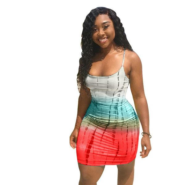 

Summer Women Gradient Color Dress Sexy Ladies Bodycon Dresses Fashion Spaghetti Strap Mini Dresses