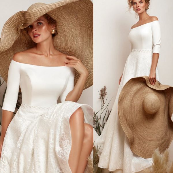 

2020 a line bohemia wedding dresses satin appliqued sweep train boho bridal gowns off the shoulder half long sleeve beach robes de mariÃ©e, White