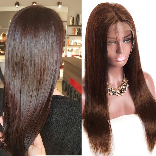 

#4 brown color 4x4 straight lace closure brazilian human hair wig 130 % 150 % density 8inch to 26inch, Black;brown