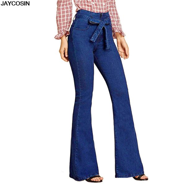 

jaycosin jeans long fashion womens large size lacing jeans high waist stretch slim flare pants distress cloth 9529, Blue