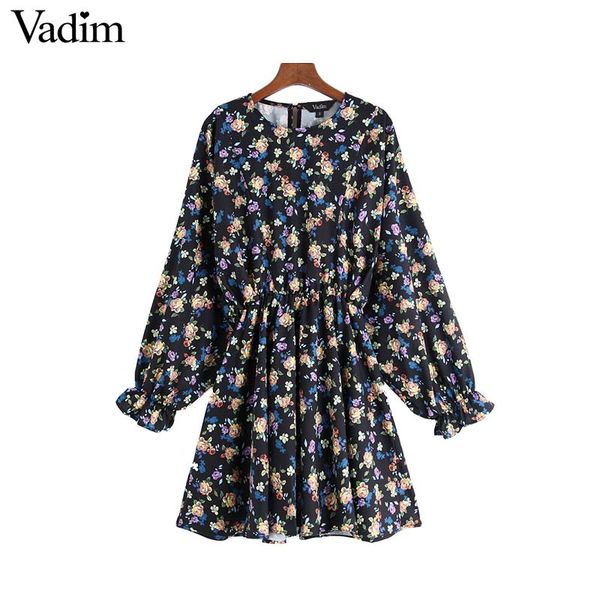 

vadim women elegant floral print mini dress elastic waist o neck long sleeve female casual retro dresses vestidos mujer qc887, Black;gray