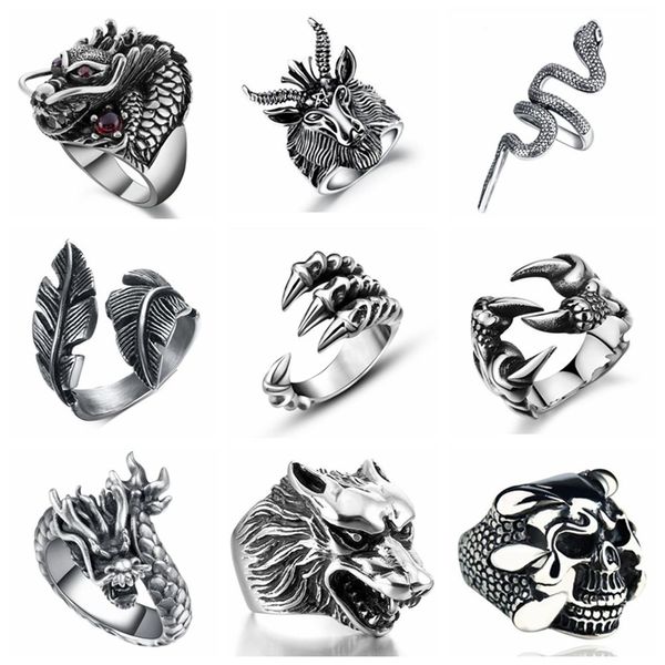 Fã gratuito Retro Retro Gótico Punk Rings Trendy Skull Wolf Dragon Rings Male Jóias Acessórios de Halloween Anillo Hombre