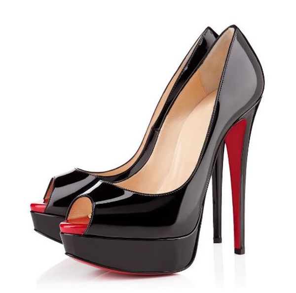

christian louboutin cl classic red bottom high heels platform shoe pumps nude/black patent leather peep-toe women dre