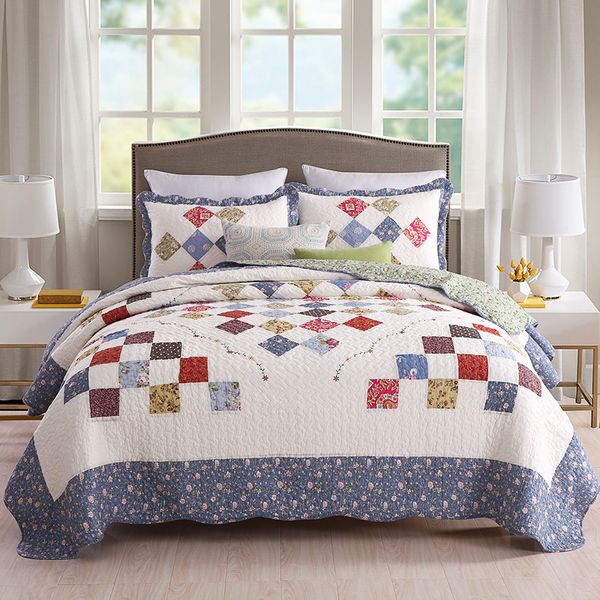 

american patchwork bedspreads quilt set 3-pieces handmade floral quilts*1 pillowcase*2 bed cover king queen size coverlet set
