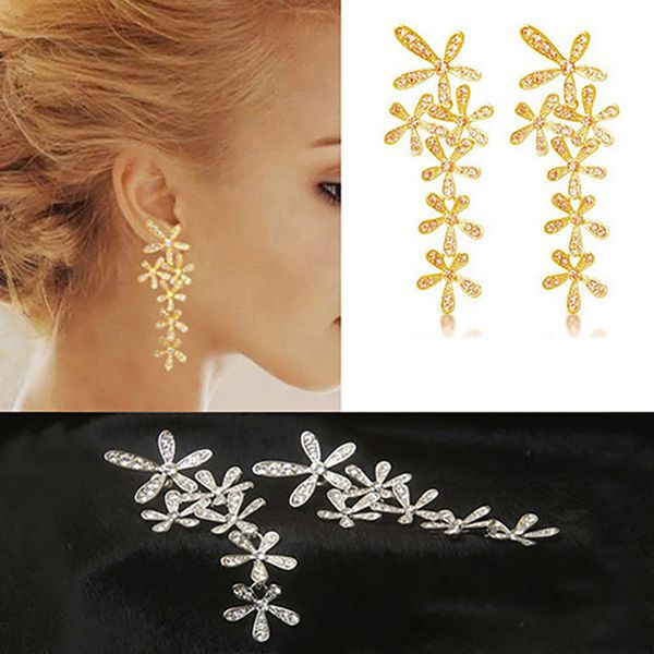 

famshin women 2016 new fashion full rhinestone crystal long snowflake flower dangle drop tassel earrings gold silver sale