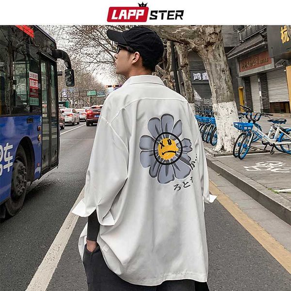 

lappster men white flower korean shirts 2020 mens half sleeve harajuku black shirt male vintage casual clothing button up shirt, White;black